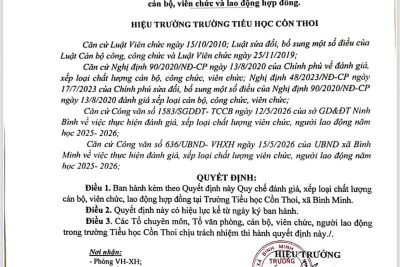 Trường Tiểu học Cồn Thoi ban hành Quy chế đánh giá, xếp loại chất lượng cán bộ, viên chức và lao động hợp đồng năm học 2025-2026