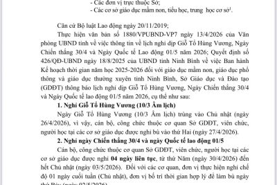 Thông báo về việc nghỉ Giỗ Tổ Hùng Vương, Ngày Chiến thắng 30/4 và Ngày Quốc tế Lao động 1/5 năm 2026